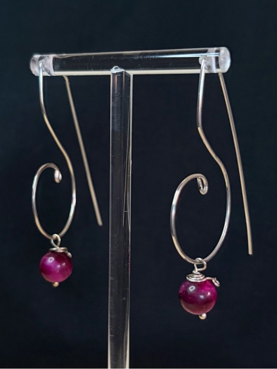 Sterling Silver Red Tigers Eye Artisan Hand Crafted Wire Drop Earrings - Picture 3 of 7